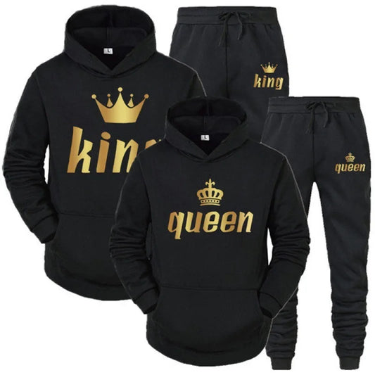 Black hoodie and pants set with 'king' and 'queen' text and crowns on a white background