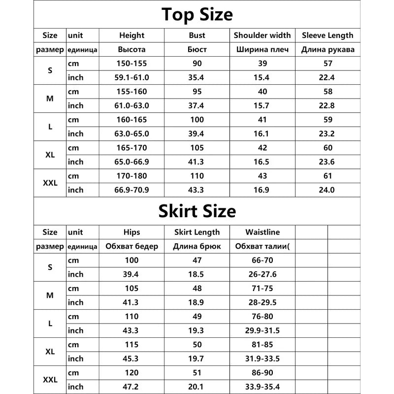 Size chart for tops and skirts with measurements in centimeters and inches.