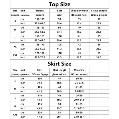 Size chart for tops and skirts with measurements in centimeters and inches.