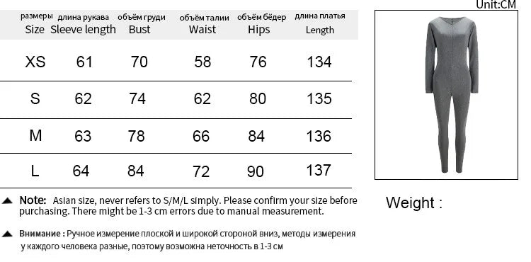 Size chart and gray jumpsuit with measurements on a white background