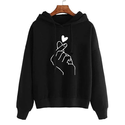 Finger Heart Fleece Hoodie – Korean Style Pullover with Pockets
