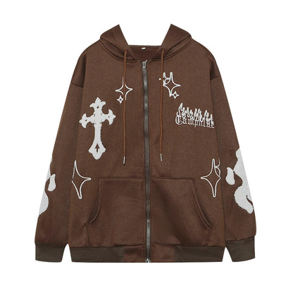 Brown hoodie with white designs on a white background