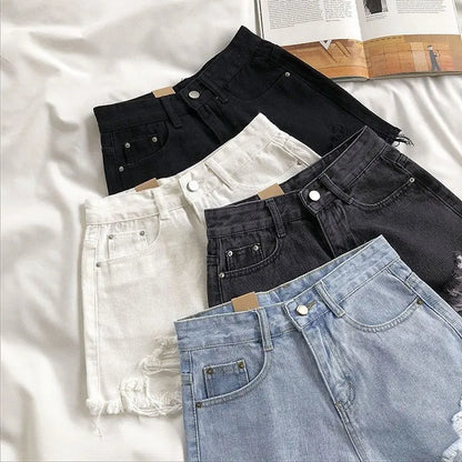 Women’s Korean high-waist ripped denim shorts with tassel pocket detail in blue
