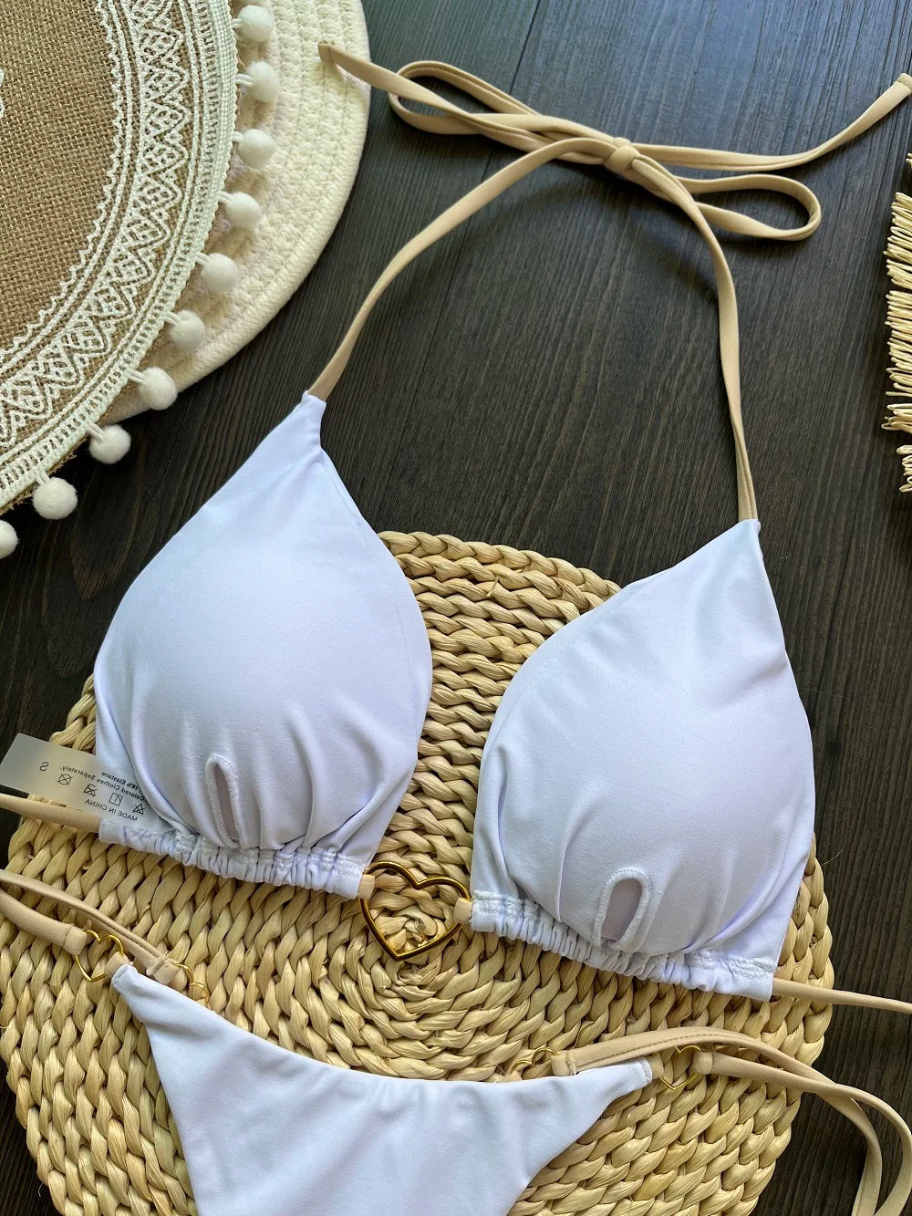 Sexy halter bikini set with Brazilian thong bottoms – women’s two-piece solid color swimwear