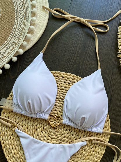 Sexy halter bikini set with Brazilian thong bottoms – women’s two-piece solid color swimwear