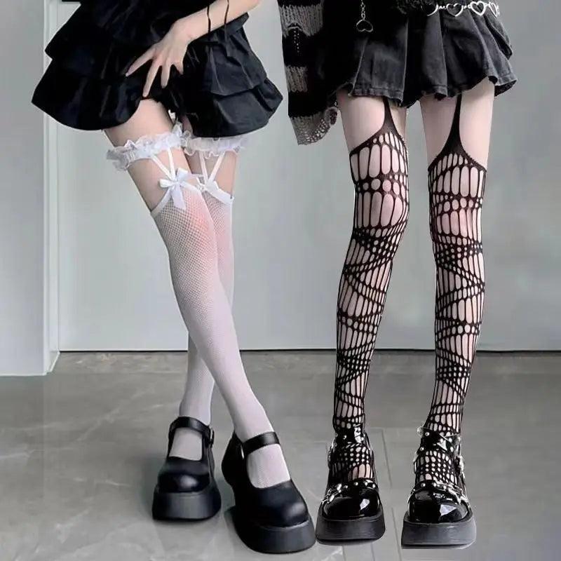 Women’s thin fishnet Lolita socks with lace suspenders and long tube design