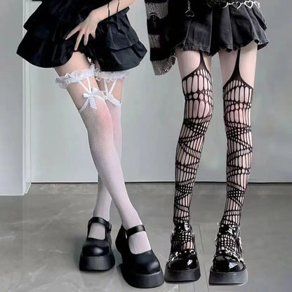 Women’s thin fishnet Lolita socks with lace suspenders and long tube design