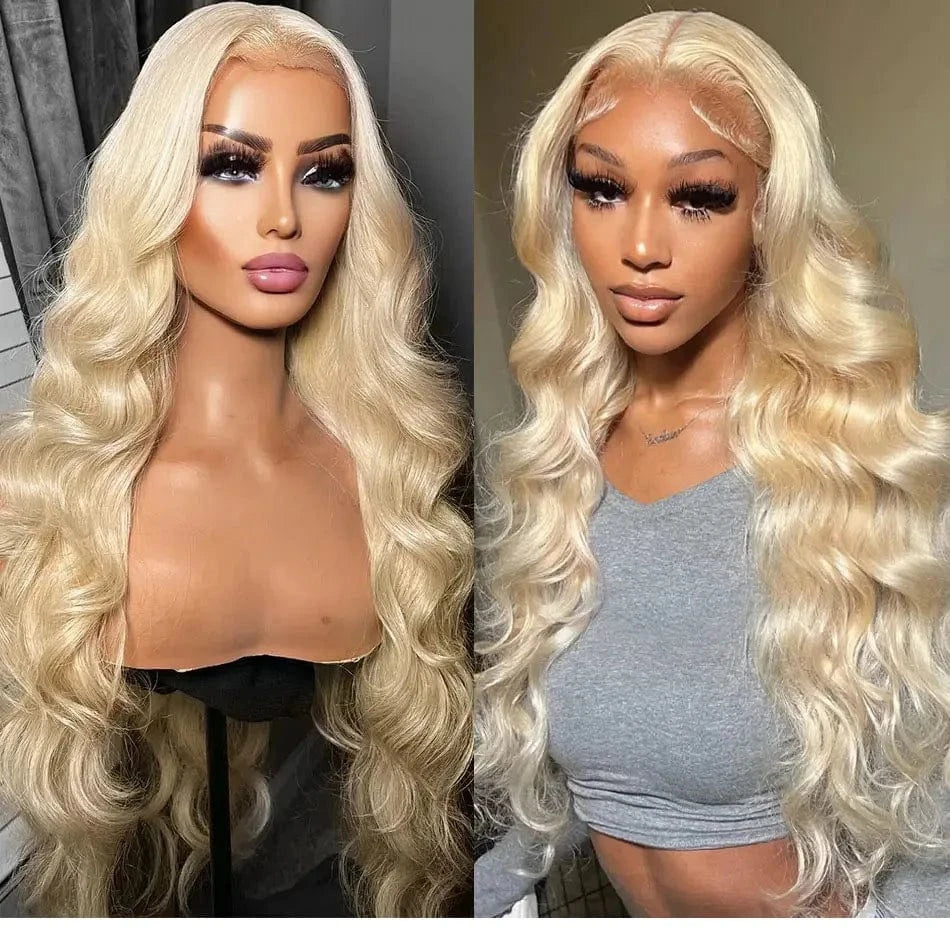 Blonde wig on a mannequin and a person, side by side comparison.