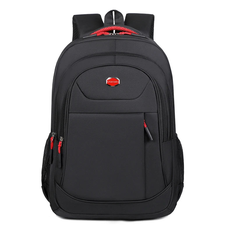 Black backpack with red accents on a white background