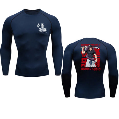 Navy blue long-sleeve shirt with front and back designs on a white background