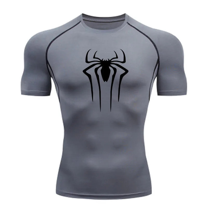 Gray t-shirt with black spider logo on a white background