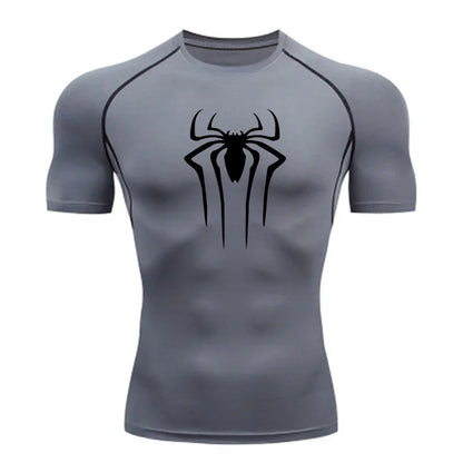 Gray t-shirt with black spider logo on a white background