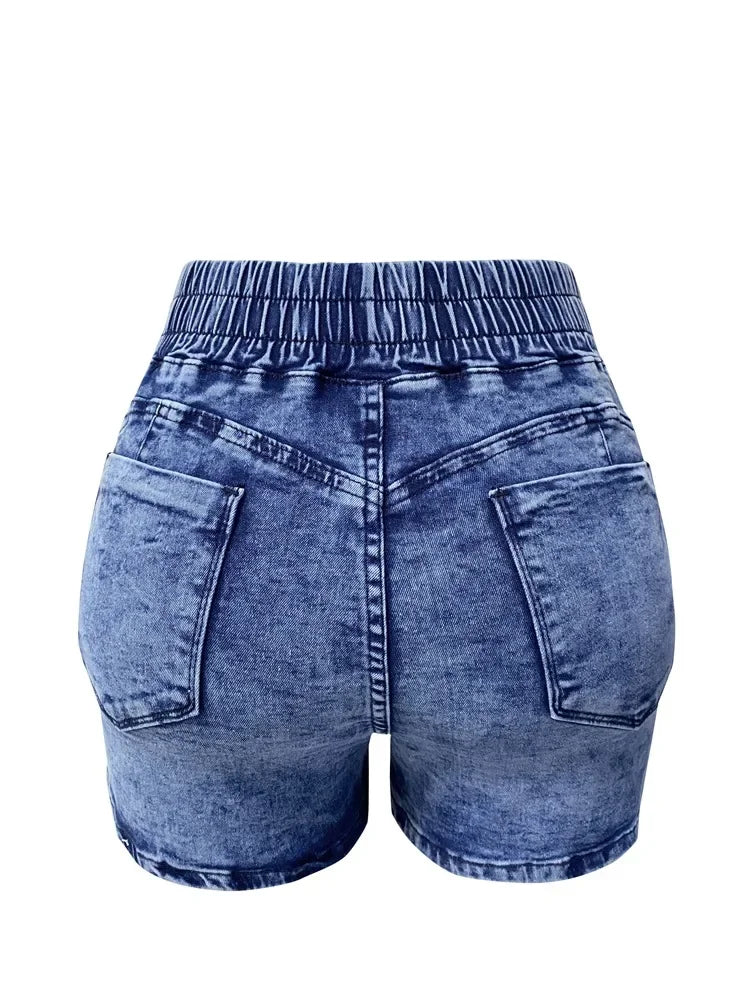 Mid-waist slim fit denim shorts for women with drawstring, pleated front, and side pockets – summer streetwear