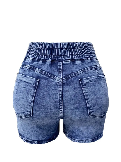 Mid-waist slim fit denim shorts for women with drawstring, pleated front, and side pockets – summer streetwear