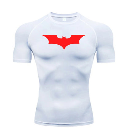 White t-shirt with a red bat symbol on a white background
