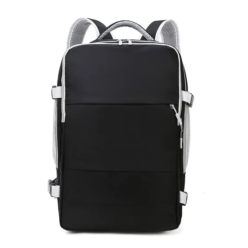 Black backpack with white accents on a white background