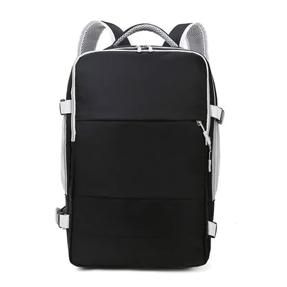 Black backpack with white accents on a white background