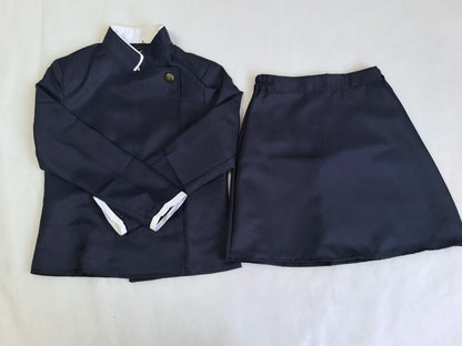 Navy blue jacket and skirt set on a white background