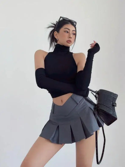 Sexy high neck pleated sleeveless crop tank top for women, Y2K clubwear and streetwear