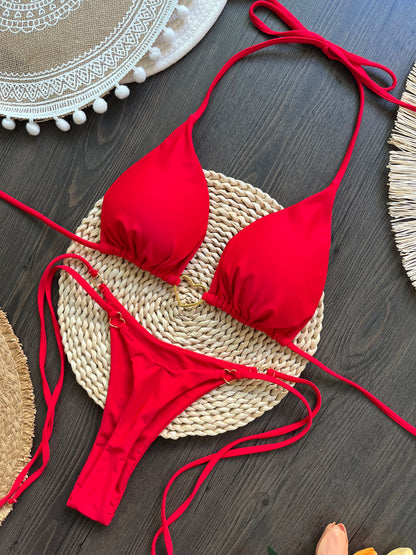 Sexy halter bikini set with Brazilian thong bottoms – women’s two-piece solid color swimwear