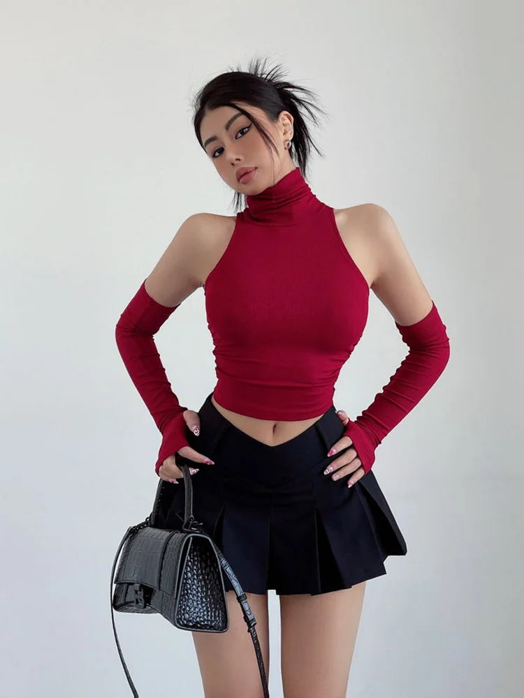 Sexy high neck pleated sleeveless crop tank top for women, Y2K clubwear and streetwear