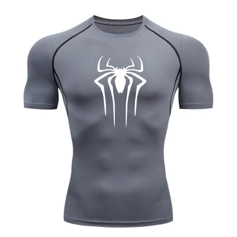 Gray t-shirt with a white spider logo on a white background