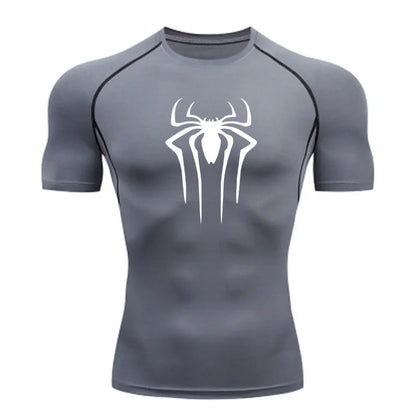 Gray t-shirt with a white spider logo on a white background