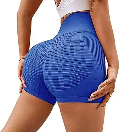 Blue textured athletic shorts worn by a person on a white background
