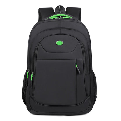 Black backpack with green accents on a white background