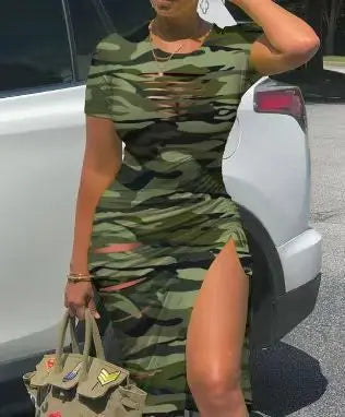 Cut-Out Ruched Drawstring Bodycon Dress with Side Slit