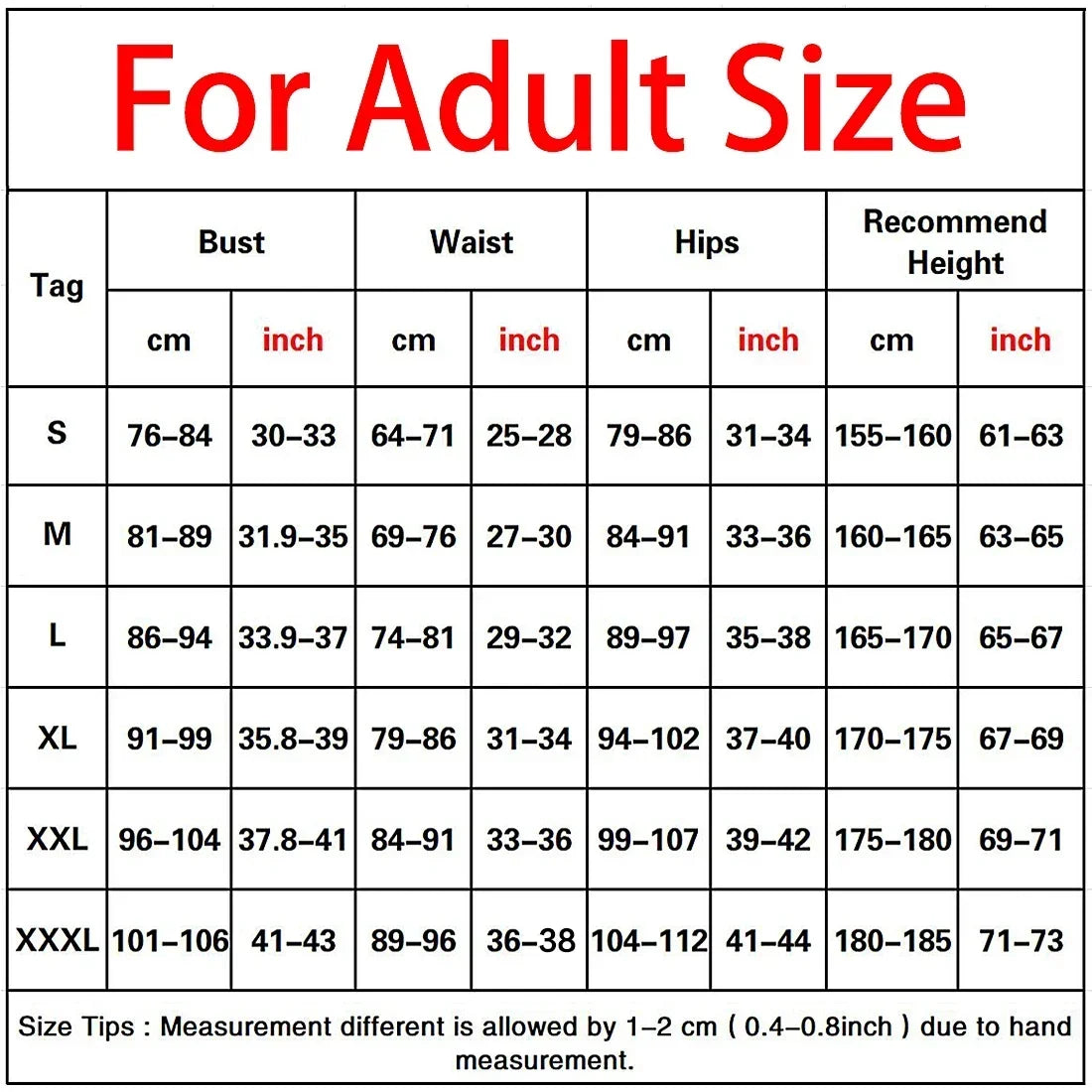 Size chart for adult clothing with measurements in centimeters and inches.