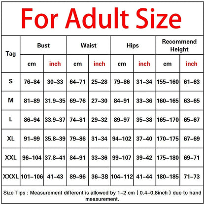 Size chart for adult clothing with measurements in centimeters and inches.