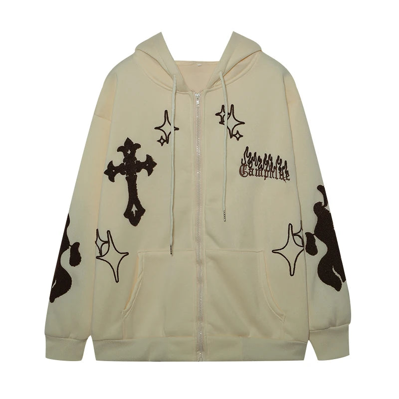 Beige hoodie with black designs on a white background