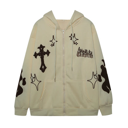 Beige hoodie with black designs on a white background