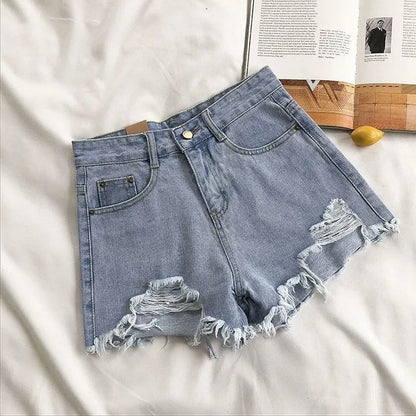 Women’s Korean high-waist ripped denim shorts with tassel pocket detail in blue