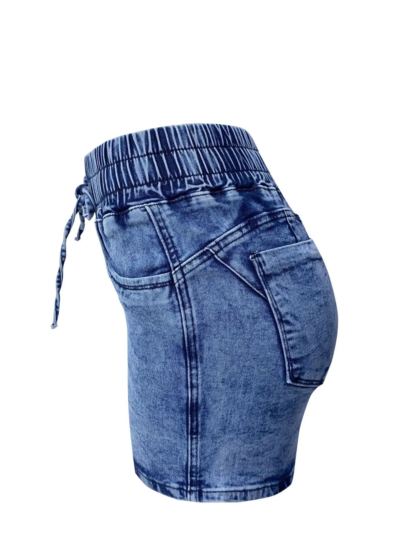 Mid-waist slim fit denim shorts for women with drawstring, pleated front, and side pockets – summer streetwear