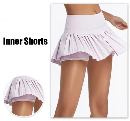 High-waist pleated tennis skirt pants with built-in shorts, breathable and lightweight for summer fitness activities