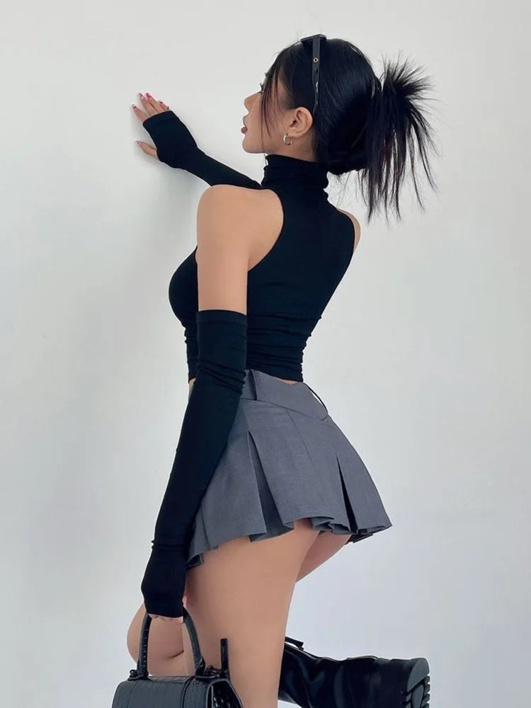 Sexy high neck pleated sleeveless crop tank top for women, Y2K clubwear and streetwear