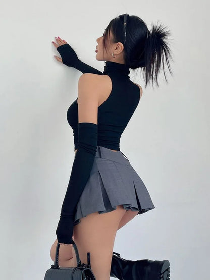 Sexy high neck pleated sleeveless crop tank top for women, Y2K clubwear and streetwear