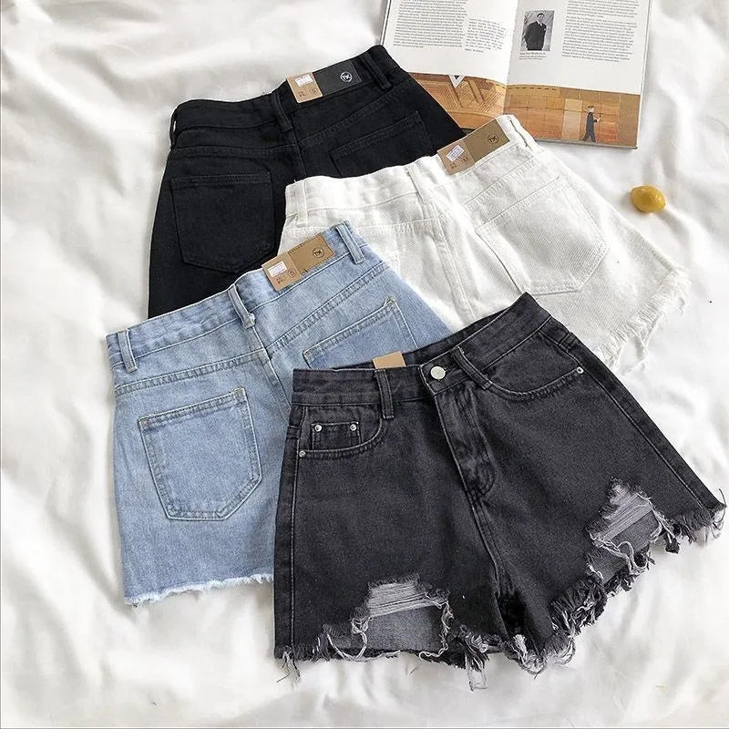 Women’s Korean high-waist ripped denim shorts with tassel pocket detail in blue