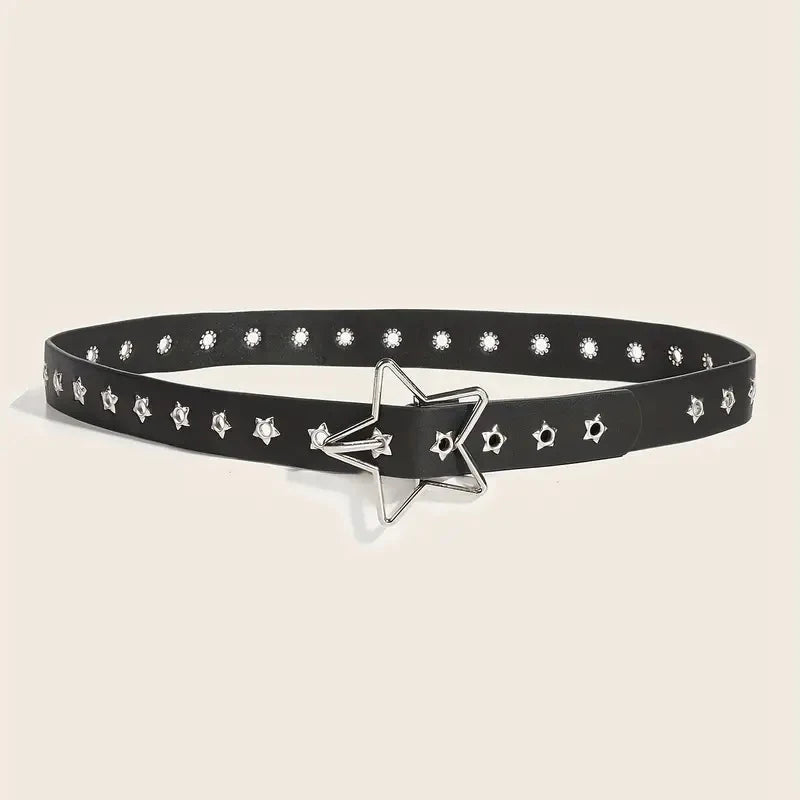 Y2K punk star eyelet PU leather belt with black rivets for women and men