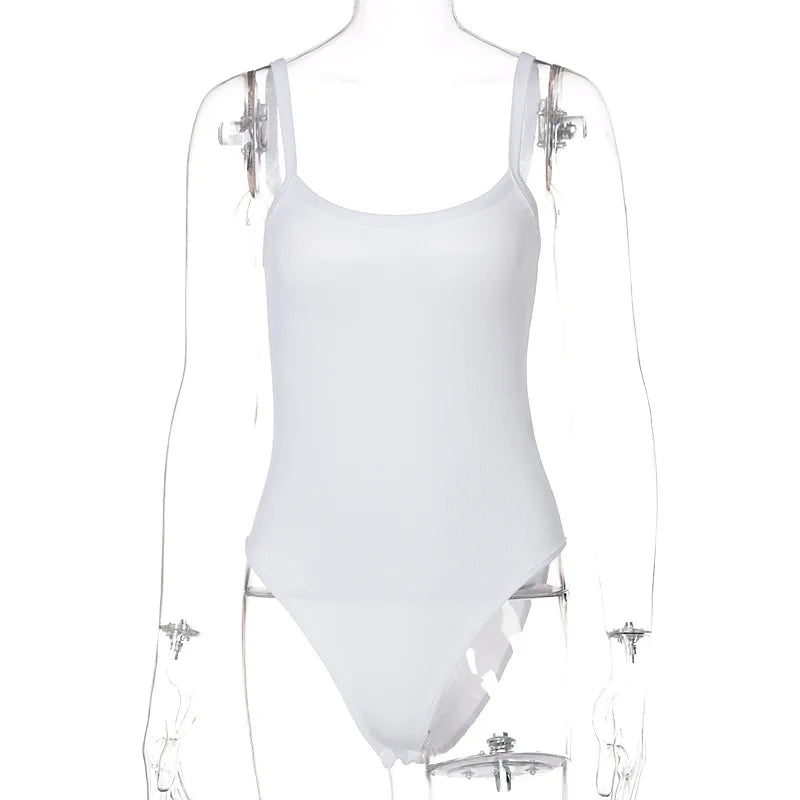 Women’s white strap solid bodycon sleeveless summer bodysuit, slim fit casual top