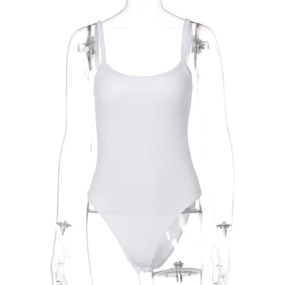 Women’s white strap solid bodycon sleeveless summer bodysuit, slim fit casual top