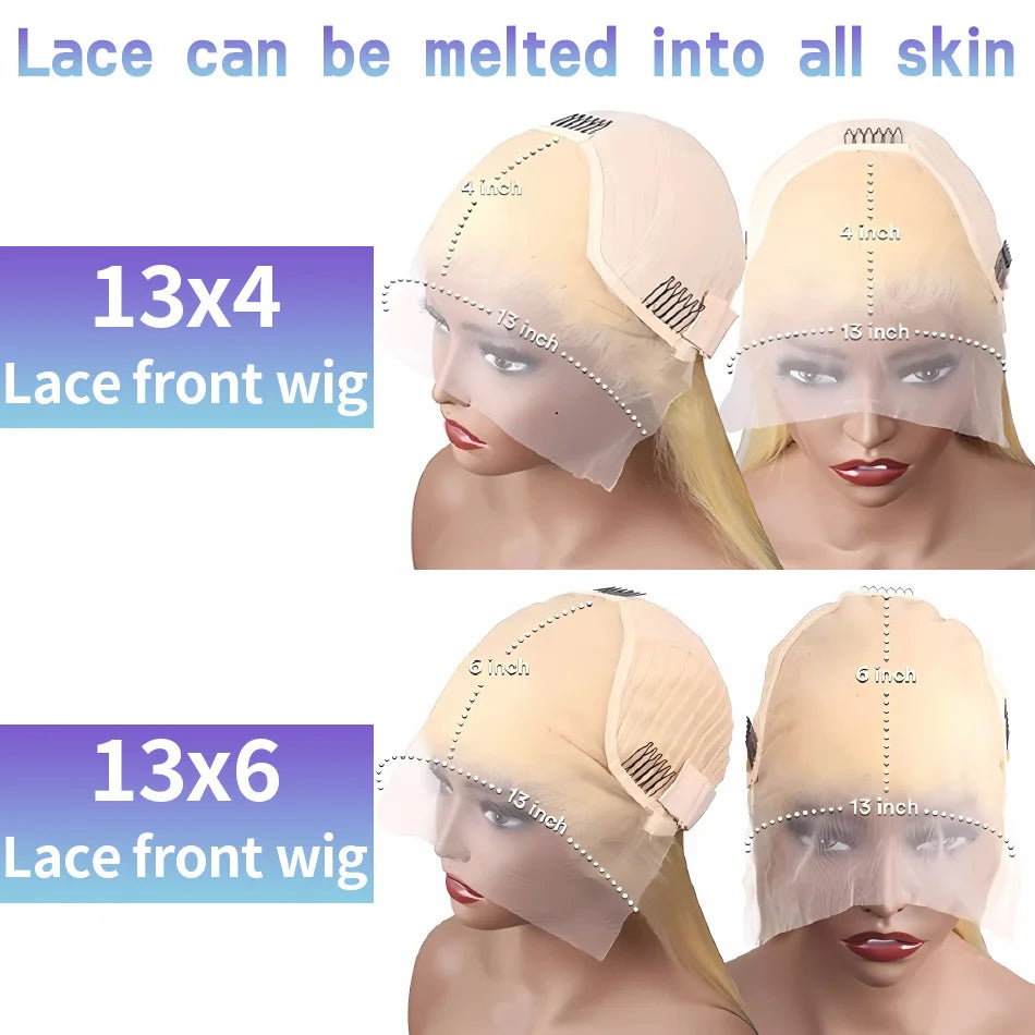 Lace front wig with measurements on a white background