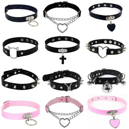 ShadowBelle PU leather punk choker set with bell, spikes, and rivets for goth and BDSM cosplay