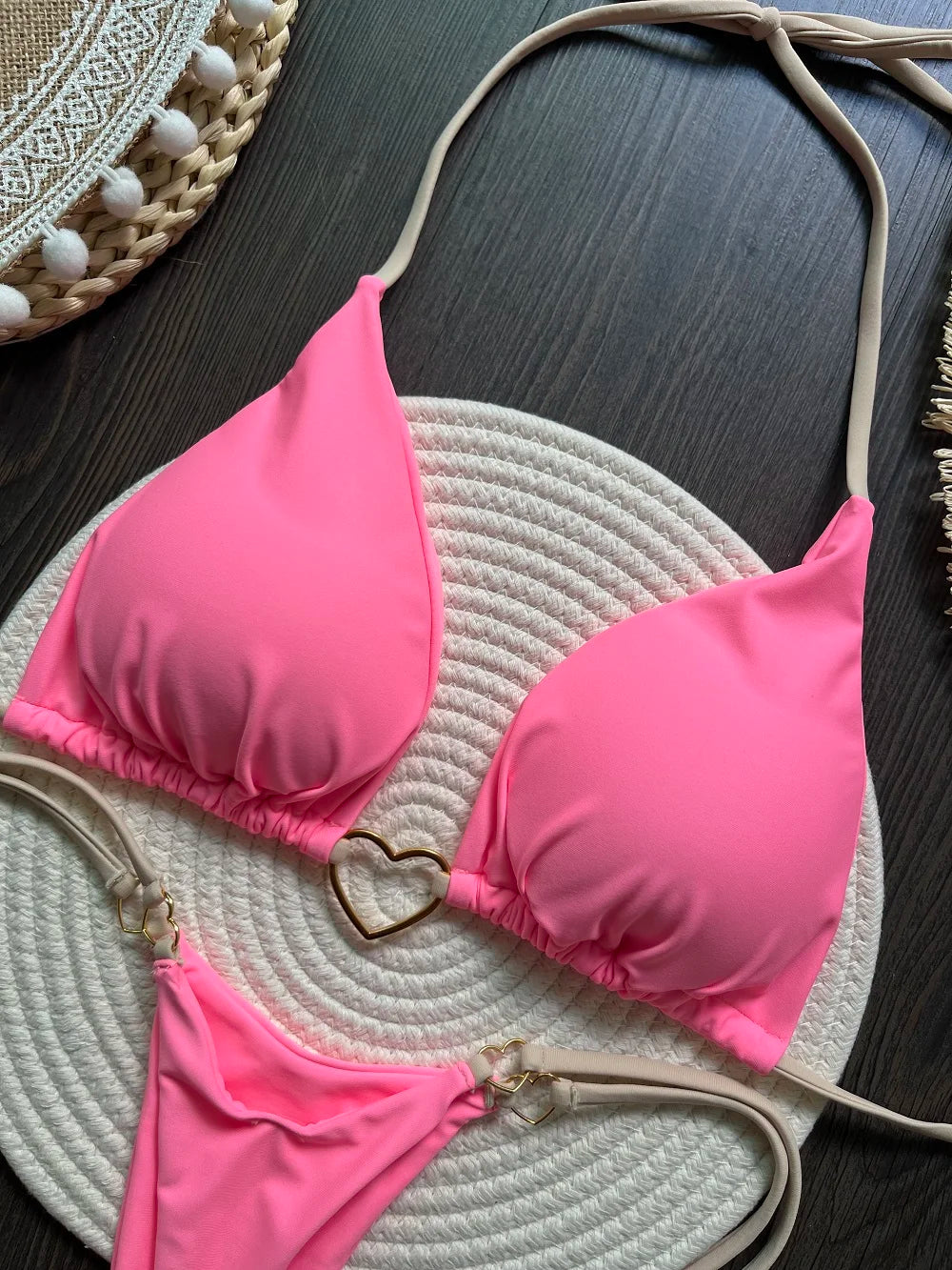 Sexy halter bikini set with Brazilian thong bottoms – women’s two-piece solid color swimwear