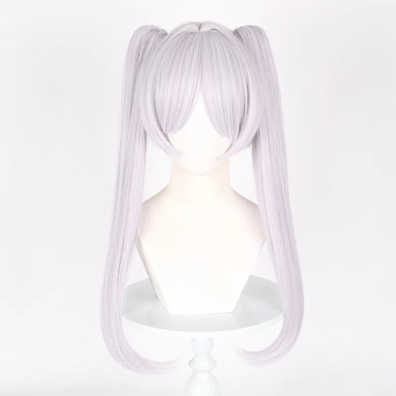 Silver wig with twin tails on a mannequin head against a white background