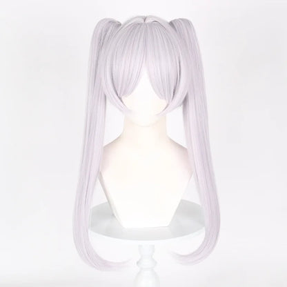 Silver wig with twin tails on a mannequin head against a white background