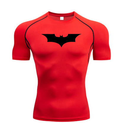 Red athletic shirt with black bat symbol on a white background