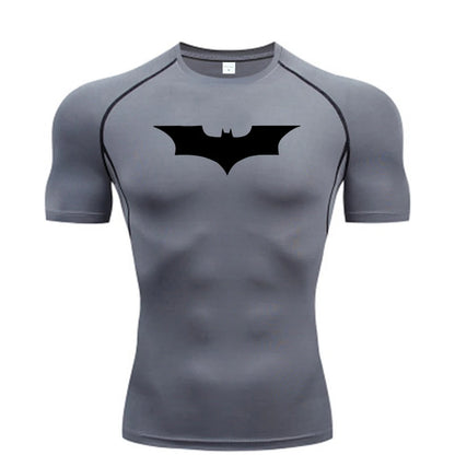 Gray t-shirt with a black bat symbol on a white background